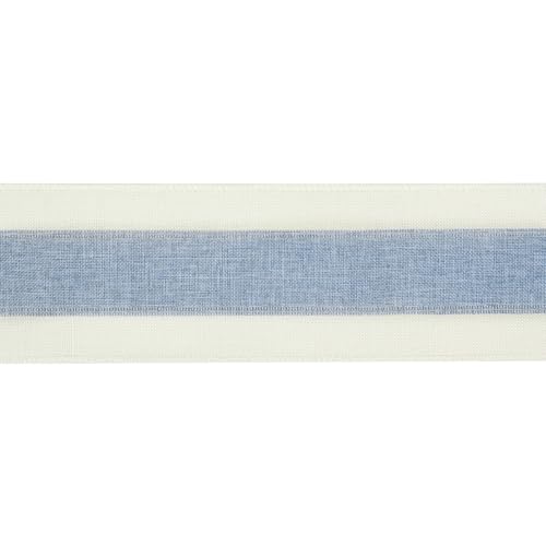 Blue and White Stripe Ribbon Wired 2.5 Inch Light Blue Burlap Ribbons with Ivory Stripe Edge Wreath Supplies (30 Foot)