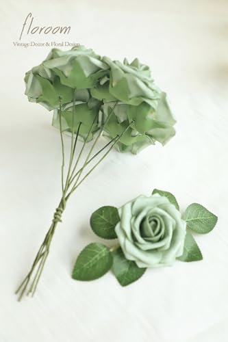 Artificial Flowers 50pcs Real Looking Elf Green Foam Fake Roses with Stems for DIY Wedding Bouquets Bridal Shower Centerpieces Sage Green Floral Arrangements Home Decorations (50 Count)