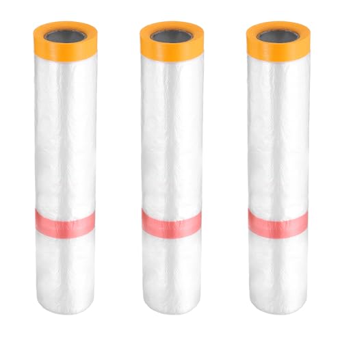 3 Rolls Pre Taped Masking Film 78.7" x32.8ft Double Adhesive Tape and Drape Painters Plastic Drop Cloth Film with Tape Plastic Sheeting for Automotive Painting Covering (3 Count)