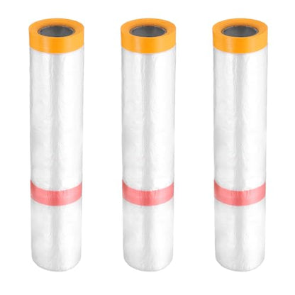 3 Rolls Pre Taped Masking Film 78.7" x32.8ft Double Adhesive Tape and Drape Painters Plastic Drop Cloth Film with Tape Plastic Sheeting for Automotive Painting Covering (3 Count)