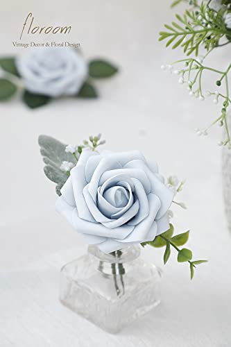 Artificial Flowers 50pcs Real Looking Powder Blue Foam Fake Roses with Stems for DIY Wedding Bouquets Bridal Shower Centerpieces Floral Arrangements Party Tables Home Decorations (50 Count)