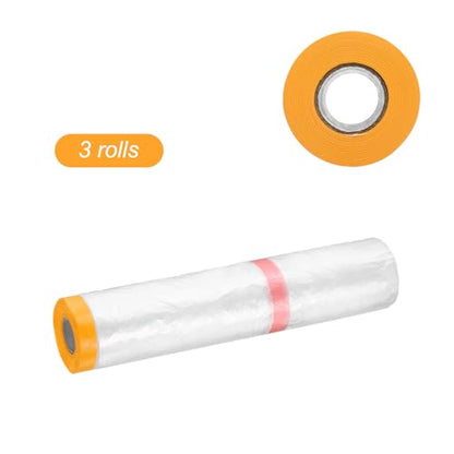 3 Rolls Pre Taped Masking Film 177.2" x65.6ft Double Adhesive Tape and Drape Painters Plastic Drop Cloth Film with Tape Plastic Sheeting for Automotive Painting Covering (32.2917 Sq Ft)