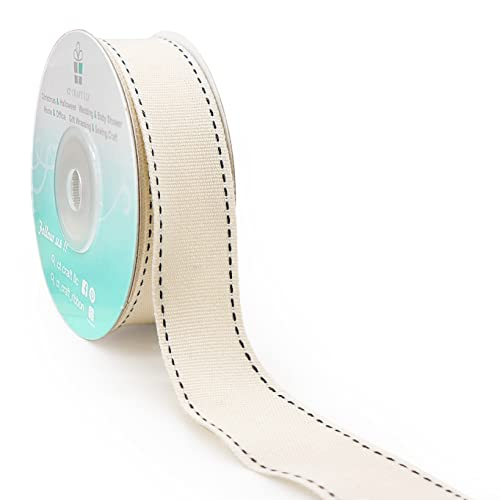 Ivory Cotton Black Stitched Ribbon 7 (30 Foot)