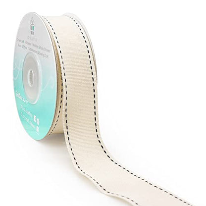 Ivory Cotton Black Stitched Ribbon 7 (30 Foot)