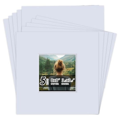 5 Pack Acid Free 8x8 White Picture Mats Board Kit for 4x4