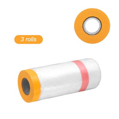 3 Rolls Pre Taped Masking Film 43.3" x65.6ft Double Adhesive Tape and Drape Painters Plastic Drop Cloth Film with Tape Plastic Sheeting for Automotive Painting Covering (3 Count)
