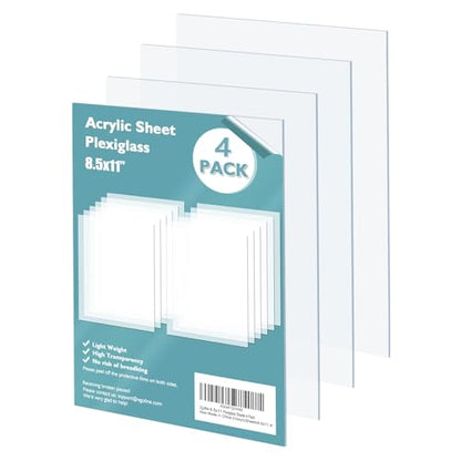 Plexiglass Sheets Acrylic Sheets 4 Pack of 8.5x11’’ 0.04 Thick Clear Plastic Cast Transparent Plexi Glass for Crafting Projects (3.4 Sq Ft)