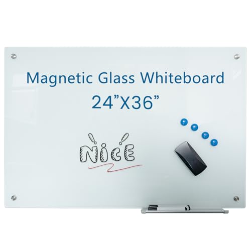Glass Whiteboard 36"X24" Magnetic Dry Erase Board Frameless Wall Mounted White Board WritingBoard for Office School Home Accessory Tray