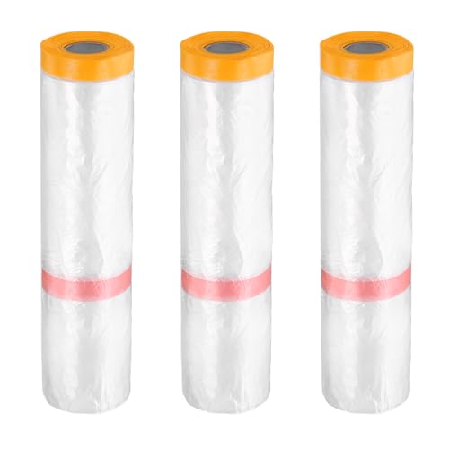 3 Rolls Pre Taped Masking Film 157.5" x65.6ft Double Adhesive Tape and Drape Painters Plastic Drop Cloth Film with Tape Plastic Sheeting for Automotive Painting Covering (3 Count)