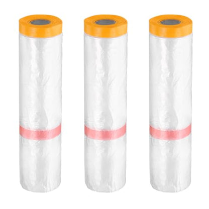 3 Rolls Pre Taped Masking Film 157.5" x65.6ft Double Adhesive Tape and Drape Painters Plastic Drop Cloth Film with Tape Plastic Sheeting for Automotive Painting Covering (3 Count)