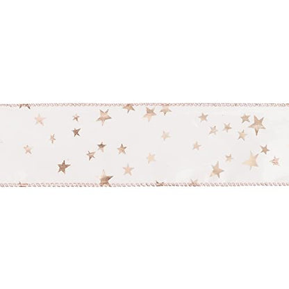 Pink Star Wired Ribbon 2.5 Inch Rose Gold Star Ribbon Wired 25 Yards Roll Pink Wedding Ribbons Stars Christmas Ribbons for Crafts (75 Foot)