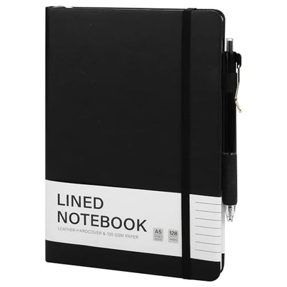 1 Set Lined Notebook Journal with Pen A5 Notebooks 100 GSM College Ruled Hardcover Notebook PU Leather Notepad with Pen Holder for Office School