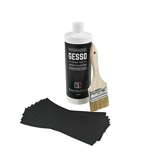White Gesso Canvas Primer Bundle 8 oz. with Application Brush and Sandpaper. Keep Paint from Absorbing! Whether Acrylics