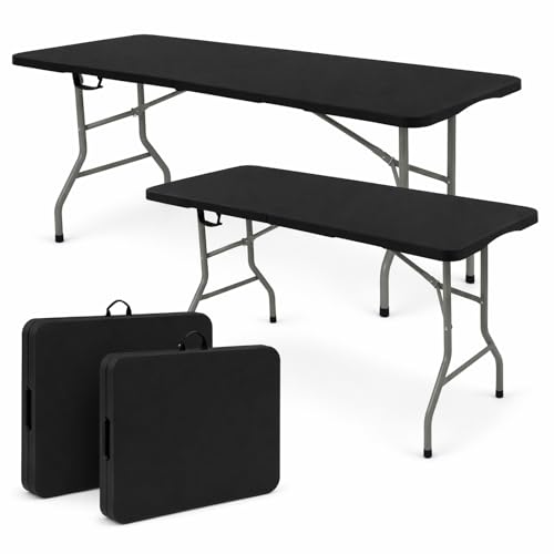 Set of 2 Folding Table 6 FT Lightweight Camping Table Black Portable Plastic Rectangular Outdoor Dining Table Steel Legs Fold (2 Count)