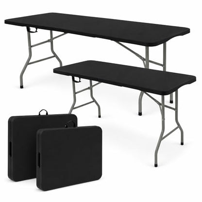 Set of 2 Folding Table 6 FT Lightweight Camping Table Black Portable Plastic Rectangular Outdoor Dining Table Steel Legs Fold (2 Count)
