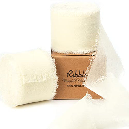 Chiffon 1-1/2 inch x 20 Yard Handmade Fringe Cream Ivory Silk Ribbon for Wedding Invitations, Bridal Bouquets, Flower Arrangement Decoration (60 Foot)
