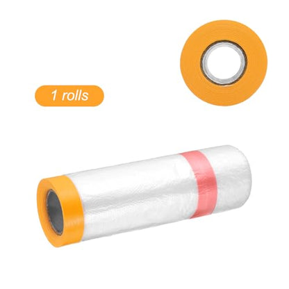Pre Taped Masking Film 43.3" x32.8ft Double Adhesive Tape and Drape Painters Plastic Drop Cloth Film with Tape Plastic Sheeting for Automotive Painting Covering