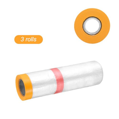 3 Rolls Pre Taped Masking Film 106.3" x32.8ft Double Adhesive Tape and Drape Painters Plastic Drop Cloth Film with Tape Plastic Sheeting for Automotive Painting Covering (3 Count)