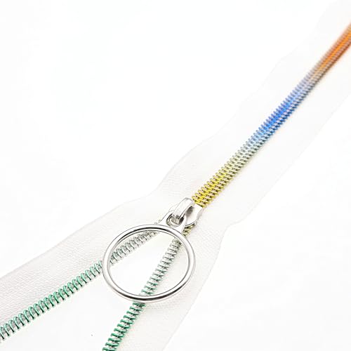 5 Rainbow Teeh Metallic Nylon Coil Zippers by The Yard Bulk 10 Yards White Zipper Tape with 25pcs Silver Ring Pull Sliders for DIY Sewing Tailor Craft Bag
