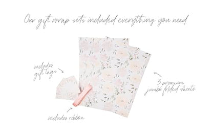 Floral Wedding Wrapping Paper sheets + Ribbon Set with Tags (3 Count)