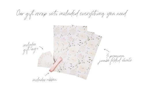 Floral Wedding Wrapping Paper sheets + Ribbon Set with Tags (3 Count)