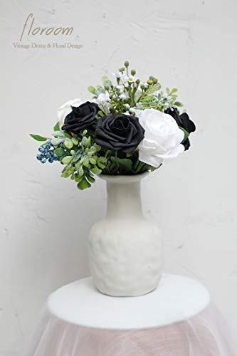 Artificial Flowers 25pcs Real Looking Black Foam Fake Roses with Stems for DIY Wedding Bouquets Centerpieces Arrangements Party Tables Home Halloween Decorations (25 Count)