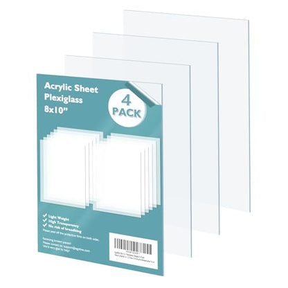 Plexiglass Sheets Acrylic Sheets 4 Pack of 8x10’’ 0.04 Thick Clear Plastic Cast Transparent Plexi Glass for Crafting Projects