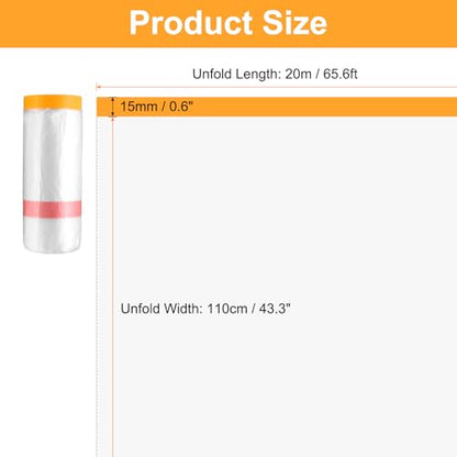 Pre Taped Masking Film 43.3" x65.6ft Double Adhesive Tape and Drape Painters Plastic Drop Cloth Film with Tape Plastic Sheeting for Automotive Painting Covering