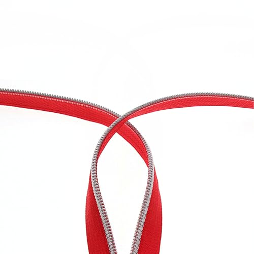5 Silver Metallic Teeth Nylon Coil Zippers by The Yard Bulk 10 Yards Red Zipper Tape with 25pcs Silver Ring Pull Sliders for DIY Sewing Tailor Craft Bag (25 Count)