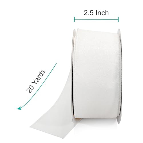 Glitter Wired Ribbon 2.5" x 20 Yards White for Christmas Home Decor Bow Gift Wrapping DIY Crafts Wreath (60 Foot)