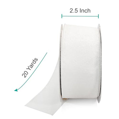 Glitter Wired Ribbon 2.5" x 20 Yards White for Christmas Home Decor Bow Gift Wrapping DIY Crafts Wreath (60 Foot)