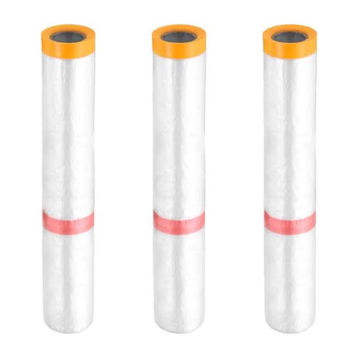 3 Rolls Pre Taped Masking Film 177.2" x32.8ft Double Adhesive Tape and Drape Painters Plastic Drop Cloth Film with Tape Plastic Sheeting for Automotive Painting Covering (3 Count)