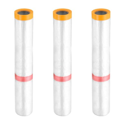 3 Rolls Pre Taped Masking Film 177.2" x32.8ft Double Adhesive Tape and Drape Painters Plastic Drop Cloth Film with Tape Plastic Sheeting for Automotive Painting Covering (3 Count)