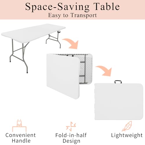 Set of 2 Folding Tables with Carrying Handle Lightweight Rectangular Portable Plastic Camping Table Steel Legs for Party (2 Count)