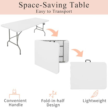 Set of 2 Folding Tables with Carrying Handle Lightweight Rectangular Portable Plastic Camping Table Steel Legs for Party (2 Count)
