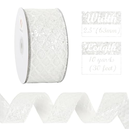 White Glitter Diamond Wired Christmas Ribbon 2.5 inch x 10 Yards (30 Foot)