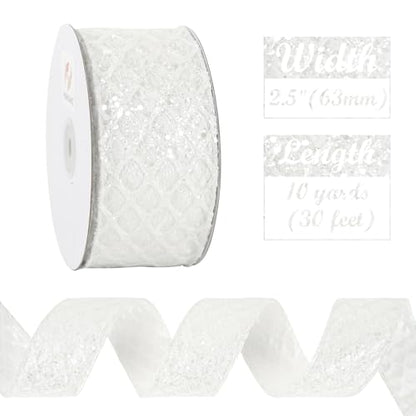 White Glitter Diamond Wired Christmas Ribbon 2.5 inch x 10 Yards (30 Foot)