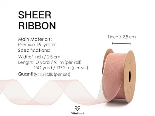 1" x 150Yd Organza Ribbon Assorted Bulk Pack for Gift Wrapping (15 Count)