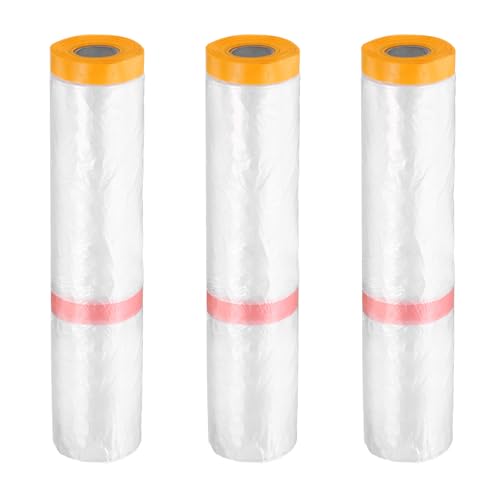 3 Rolls Pre Taped Masking Film 177.2" x65.6ft Double Adhesive Tape and Drape Painters Plastic Drop Cloth Film with Tape Plastic Sheeting for Automotive Painting Covering (32.2917 Sq Ft)