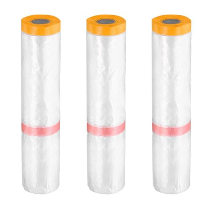 3 Rolls Pre Taped Masking Film 177.2" x65.6ft Double Adhesive Tape and Drape Painters Plastic Drop Cloth Film with Tape Plastic Sheeting for Automotive Painting Covering (32.2917 Sq Ft)