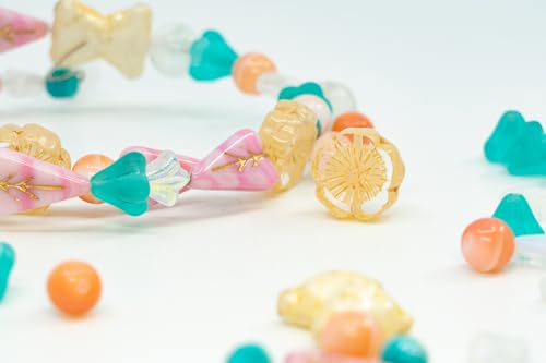 1.4oz (40g) Limited Mix of Czech Glass Beads, Hand Made Set Kit, Pink Turquoise Beige Cute Bear