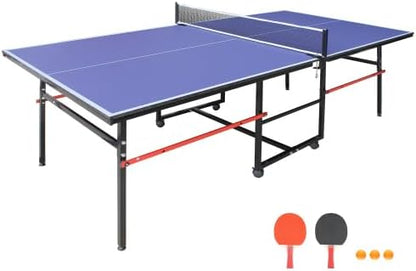 8ft/9ft Mid-Size Table Tennis Table Foldable & Portable Ping Pong Table Set for Indoor Games with Net, 2 Table Tennis Paddles and 3 Balls