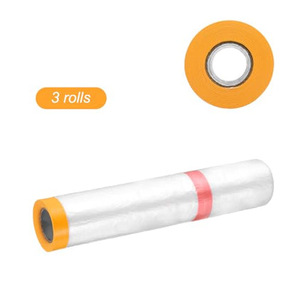 3 Rolls Pre Taped Masking Film 78.7" x32.8ft Double Adhesive Tape and Drape Painters Plastic Drop Cloth Film with Tape Plastic Sheeting for Automotive Painting Covering (3 Count)
