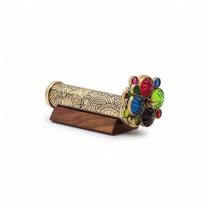 Handcrafted Etched Floral Pattern Lacquered Brass Kaleidoscope Includes Two Separate Turning Wheels