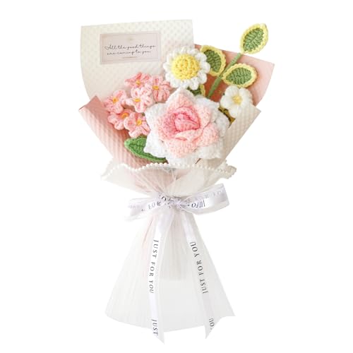 Handmade Crochet Pink Rose Daisy Bouquet for Family & Friends Finished Yarn Artificial Flower Bouquet
