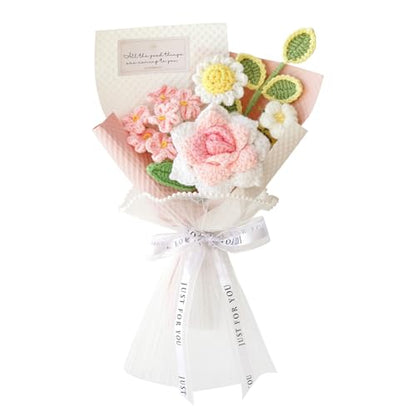Handmade Crochet Pink Rose Daisy Bouquet for Family & Friends Finished Yarn Artificial Flower Bouquet