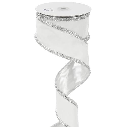 White Velvet with Rhinstone Edge Wired Ribbon 2.5 Inch Luxury Jeweled Ribbon 5 Yards Sparkling Rhinestone Trim for Christmas Tree (15 Foot)