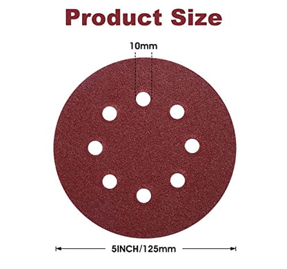 150 PCS Sanding Discs 80 Grit Hook and Loop 5 Inch 8 Hole Adhesive Sandpaper for Woodworking and Automotive (150 Count)