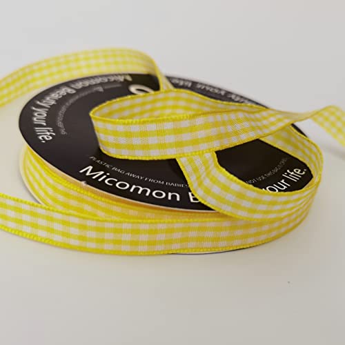 Yellow and White Gingham Plaid Checked Ribbon 25 Yards Per Roll Checkerd Craft 100% Polyester