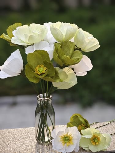 Sage Green White Crepe Paper Poppy Flower DIY Making Kit for Home Table Decor Gift Craft 24 pcs (24 Count)